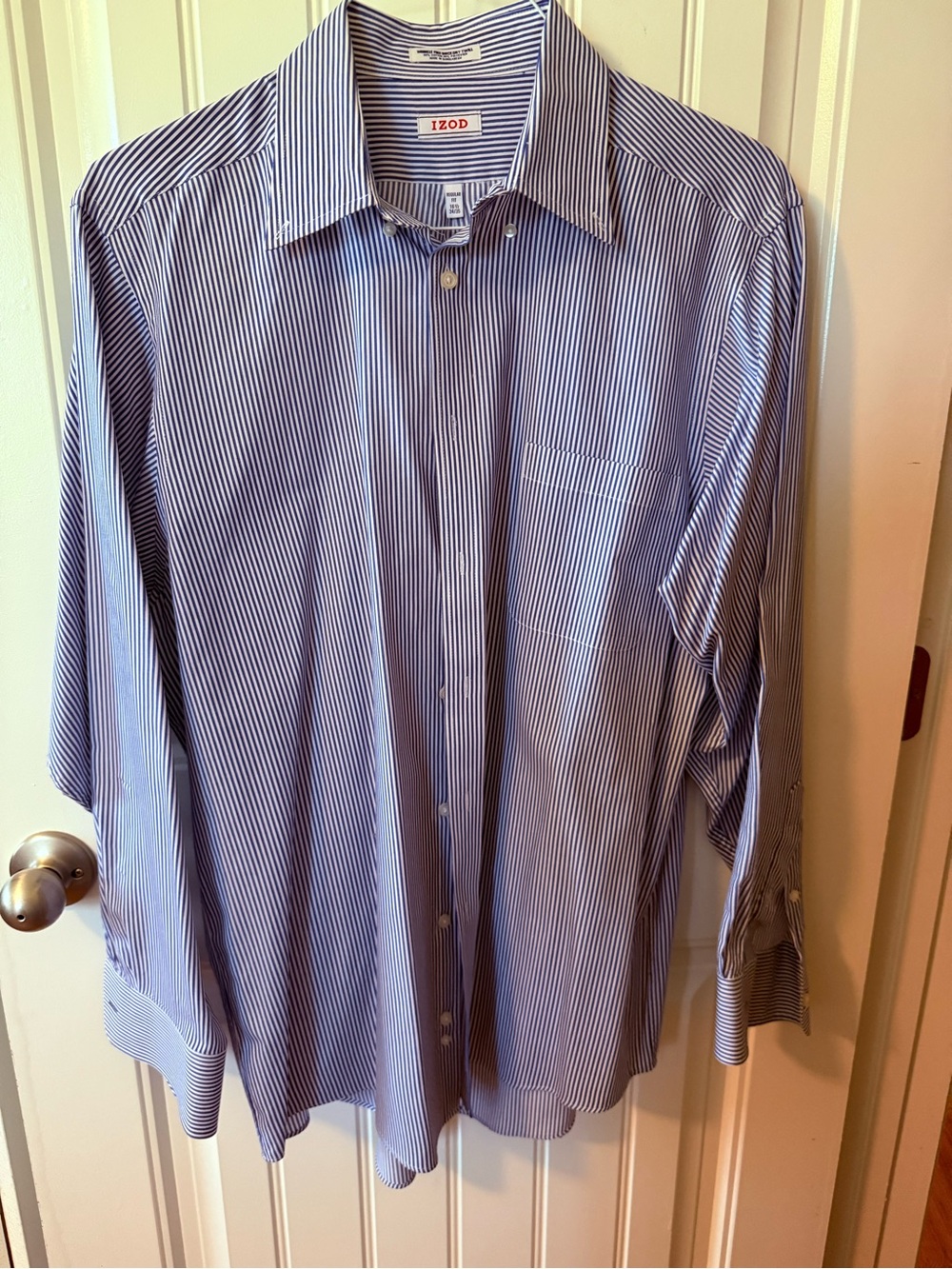 Izod Men’s Blue and White Pinstripe Dress Shirt